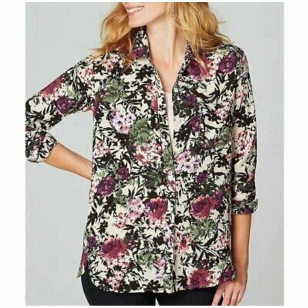 J Jill Shirttail Blouse XS P Floral Multicolor Long Sleeve Modest ChurchWork